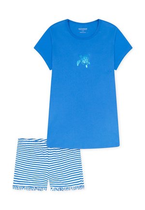Blue organic cotton t-shirt with short sleeves and turtle embroidery, paired with white and blue striped shorts featuring a frill hem.