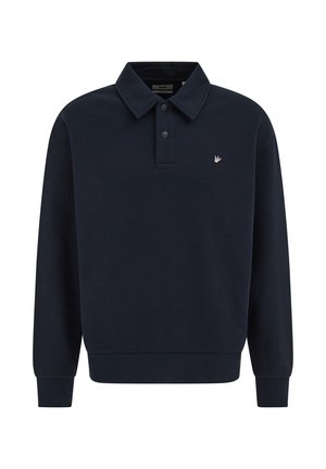 Laivastonsininen pitkähihainen poolopaita ribbineulotuilla hihojen suilla, napillinen etulista, leveä kaulus ja pieni valkoinen lintulogo rinnassa.