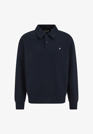 Laivastonsininen pitkähihainen poolopaita ribbineulotuilla hihojen suilla, napillinen etulista, leveä kaulus ja pieni valkoinen lintulogo rinnassa.