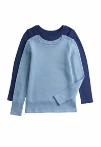 Zwei langärmlige T-Shirts in Hellblau und Dunkelblau. Der Stoff ist gerippt und hat runde Ausschnitte und Bündchen.