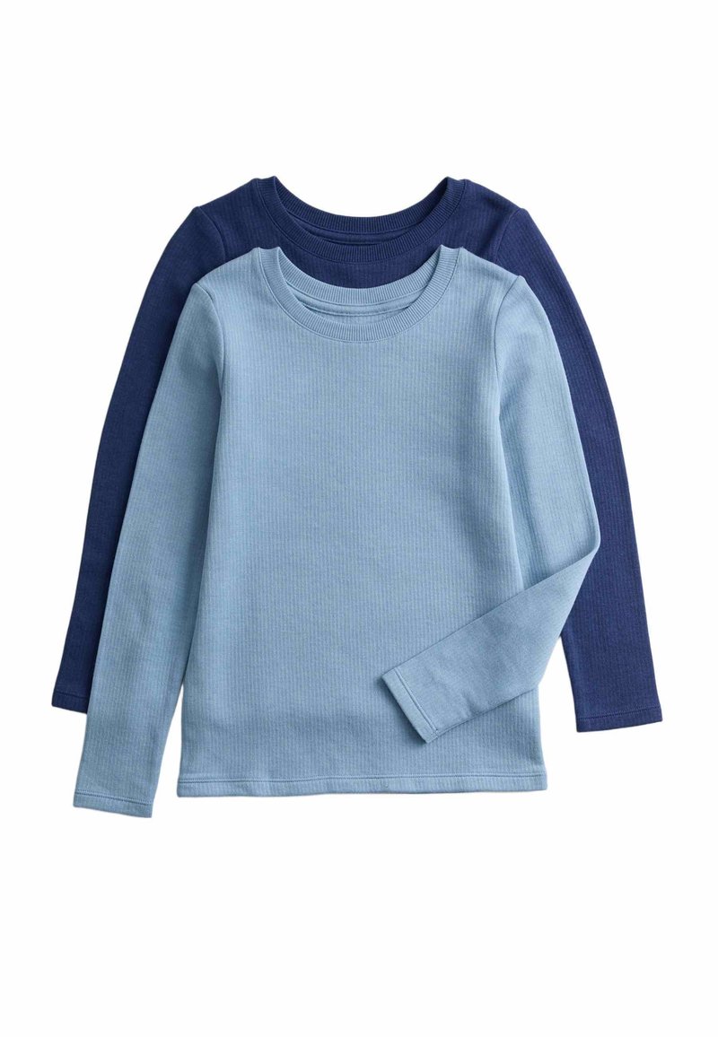 Zwei langärmlige T-Shirts in Hellblau und Dunkelblau. Der Stoff ist gerippt und hat runde Ausschnitte und Bündchen.