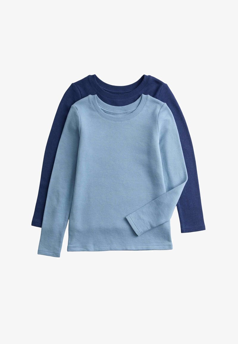 Zwei langärmlige T-Shirts in Hellblau und Dunkelblau. Der Stoff ist gerippt und hat runde Ausschnitte und Bündchen.
