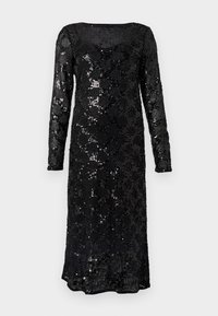 Vestido preto de mangas longas coberto de lantejoulas, com decote redondo e silhueta ajustada, com um comprimento até ao joelho e acabamento texturizado.