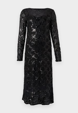 Vestido negro de manga larga cubierto de lentejuelas, con escote en forma de barco y silueta ajustada, con un dobladillo a la altura de la rodilla y acabado texturizado.