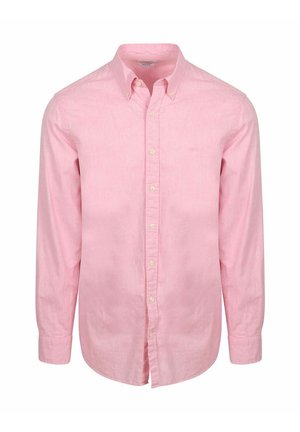 Men's long-sleeve pink button-up shirt with buttoned collar and cuffs, made of lightweight fabric.