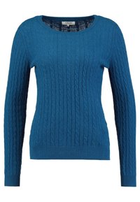 Gebreide blauwe trui met een ronde hals, lange mouwen en een kabelpatroon. Heeft ribgebreide manchetten en een zoom, gemaakt van zachte, gestructureerde stof.