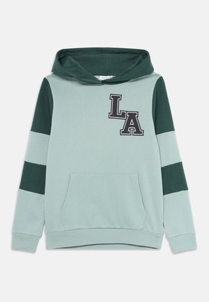 Sweat à capuche vert clair avec des manches vert foncé. Doté d'une poche avant et de "LA" brodé en noir. Tissu doux avec des poignets côtelés.