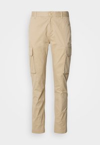 Pantalons cargo beiges à coupe droite, dotés de deux grandes poches latérales, d'une fermeture à bouton et fabriqués en tissu en coton léger.