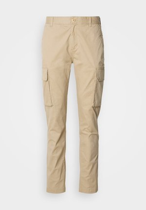 Beige cargo bukser med rett snitt, som har to store sidelommer, knappelukking, og er laget av lett bomullsstoff.