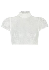 Weißes Spitzen-Crop-Top mit hohem Kragen, puffigen Kurzärmeln, gewellten Kanten und einem floralen Muster auf dem gesamten Stoff.
