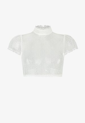 Weißes Spitzen-Crop-Top mit hohem Kragen, puffigen Kurzärmeln, gewellten Kanten und einem floralen Muster auf dem gesamten Stoff.