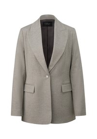 Lichtgrijze op maat gemaakte blazer met brede revers, enkele decoratieve knoop, klepzakken en donkere voering.