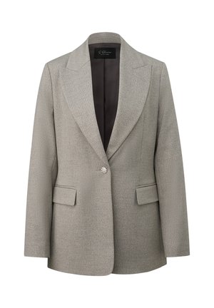 Blazer tailored grigio chiaro con rever larghi, bottone decorativo singolo, tasche a pattina e fodera interna scura.