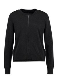 Maglione nero con zip realizzato in un tessuto strutturato con una sottile lucentezza. Presenta polsini e orlo a coste, scollo rotondo e nessuna tasca visibile.