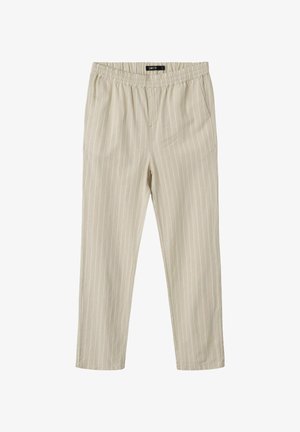 Light beige trousers with vertical white stripes, featuring an elastic waistband and side pockets, made from soft, breathable fabric.
