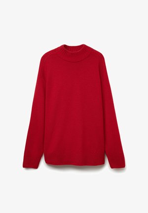 Maglione rosso con colletto alto a coste, maniche lunghe e silhouette rilassata. Tessuto morbido e lavorazione a maglia con dettagli a coste sull'orlo.