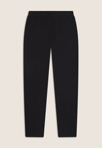 Pantaloni neri elasticizzati con vita elastica, design slanciato, gambe affusolate e texture morbida. Nessun motivo o accento visibile.