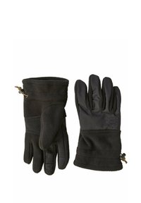 Black gloves with a fleece exterior, textured palm, and adjustable cuff. Features a smooth inner lining and reinforced seams.
