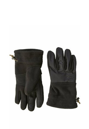 Black gloves with a fleece exterior, textured palm, and adjustable cuff. Features a smooth inner lining and reinforced seams.