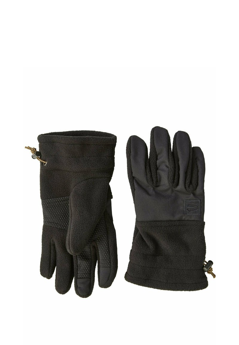 Black gloves with a fleece exterior, textured palm, and adjustable cuff. Features a smooth inner lining and reinforced seams.