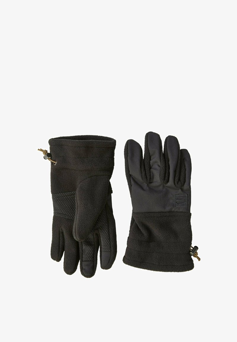 Black gloves with a fleece exterior, textured palm, and adjustable cuff. Features a smooth inner lining and reinforced seams.