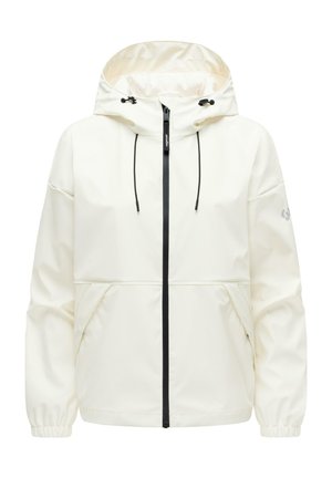 Hvid hættejakke med sort lynlås og snore, elastiske ærmekanter og forlommer, designet til udendørs brug.