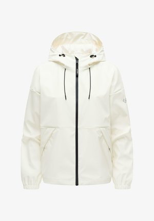 Hvid hættejakke med sort lynlås og snore, elastiske ærmekanter og forlommer, designet til udendørs brug.