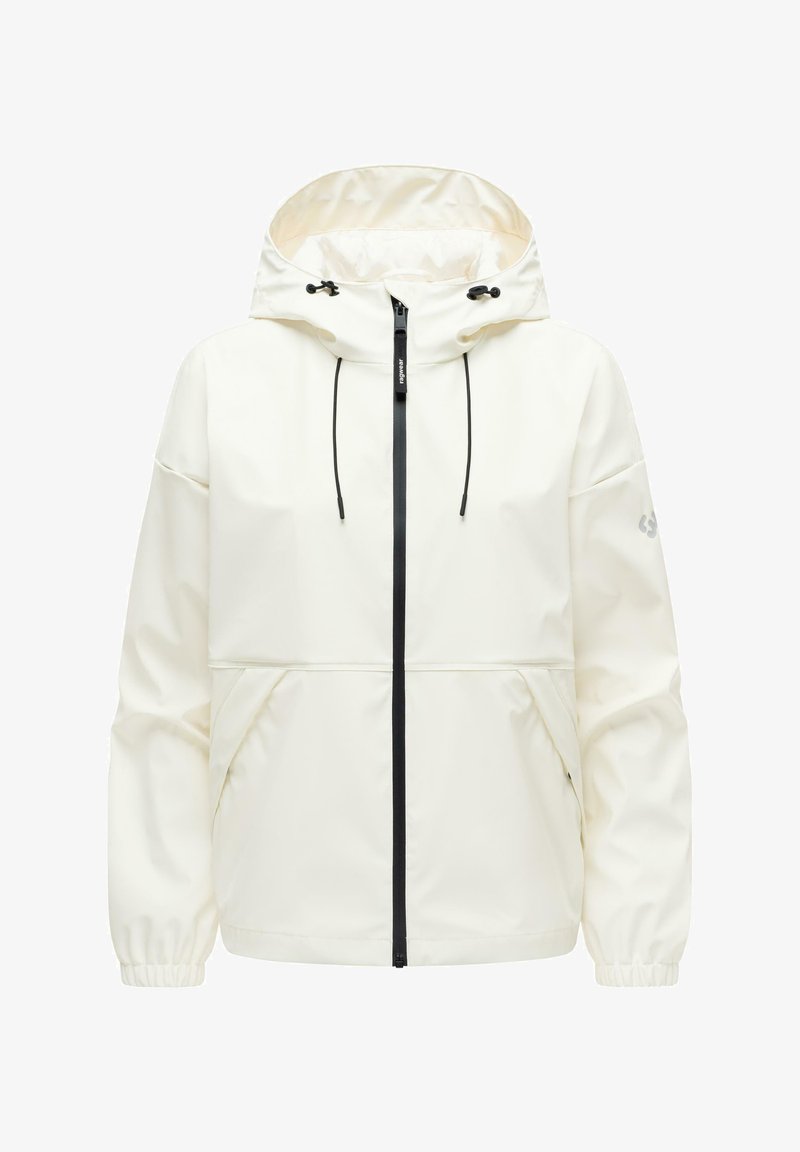 Veste à capuche blanche avec fermeture éclair noire et cordons de serrage, poignets élastiques et poches frontales, conçue pour une utilisation en extérieur.