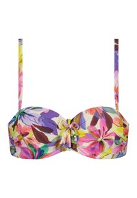 Top bikini con motivo floreale, con coppe sagomate, spalline regolabili e dettaglio a fiocco centrale. I colori includono rosa, giallo e viola.