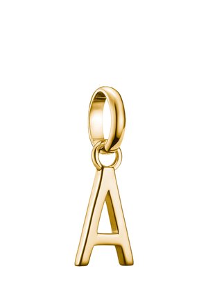 Goldfarbener Buchstaben-Anhänger "A", der an einer runden Öse befestigt ist. Das Design zeichnet sich durch eine polierte Oberfläche und eine markante, eckige Form aus.