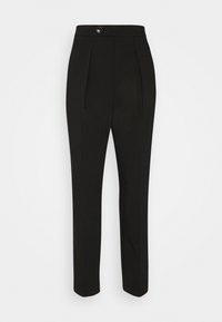 Černé elegantní kalhoty s vysokým pasem, s jedním knoflíkem na zapínání, předními varhánkovými sklady a úzkým rovnym střihem nohavic.