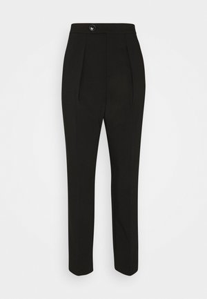 Black tailored trousers with a high waist, featuring a single button closure, front pleats, and a slim straight leg design.
