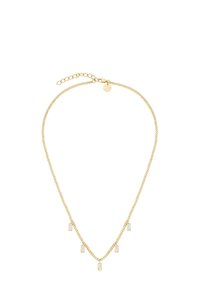 Collana in metallo dorato con dettagli rettangolari, lunghezza regolabile con chiusura a moschettone e una piccola etichetta con logo.