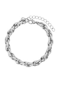 Braccialetto d'argento con maglie di catena intrecciate, con una superficie liscia e un gancio a moschettone, include un'estensione della catena regolabile.