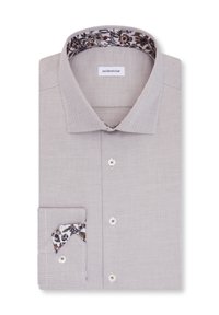 Chemise de costume gris clair texturée avec intérieur du col et poignets à motifs floraux, soigneusement pliée avec des boutons blancs visibles.