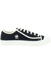 Sneakers in tela blu navy con suola e punta in gomma bianca; dotati di lacci bianchi e logo in tessuto sul lato.
