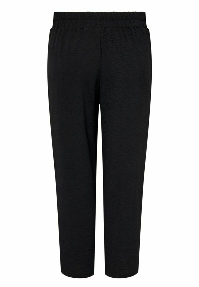Schwarze Hose mit elastischem Bund. Hergestellt aus einem strukturierten Stoff, haben sie eine lockere Passform und gerade Beine. Keine sichtbaren Beschläge oder Akzente.