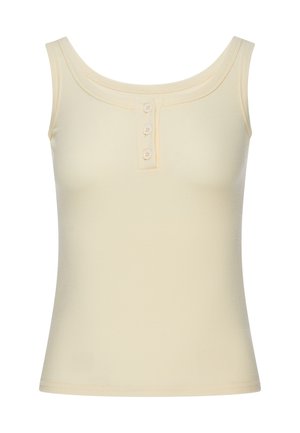 Ärmelloses geripptes beige Tanktop mit quadratischem Ausschnitt und kurzer Knopfleiste mit drei kleinen Knöpfen vorne in der Mitte.