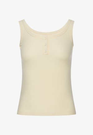 Ärmelloses geripptes beige Tanktop mit quadratischem Ausschnitt und kurzer Knopfleiste mit drei kleinen Knöpfen vorne in der Mitte.