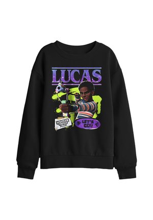 Black sweatshirt with graphic of Lucas from Stranger Things aiming a slingshot, text reads Lucas and Let's Go in purple and green colors.