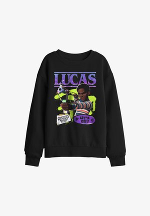 Black sweatshirt with graphic of Lucas from Stranger Things aiming a slingshot, text reads Lucas and Let's Go in purple and green colors.