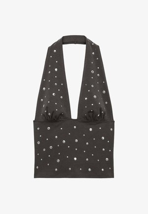 Grijze haltertop van rekbaar materiaal, met ronde zilveren pailletjes in verschillende maten die over de voorkant zijn gerangschikt en een geraffineerde buste.