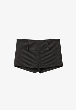 Black and gray pinstriped shorts with a fitted design, featuring a flat waistband, two front pockets, and a hem that finishes mid-thigh.