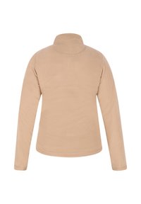 Giacca in pile color beige con colletto alto e maniche lunghe. Presenta una texture liscia e un design semplice senza hardware o motivi visibili.