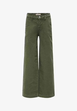 Pantalon ample vert olive avec passants de ceinture, bouton à l'avant et fermeture éclair, conçu pour une coupe décontractée.
