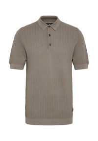 Polo de manga corta en marrón claro, con un patrón texturizado en zigzag, tapeta de tres botones y cuello y puños de canalé.