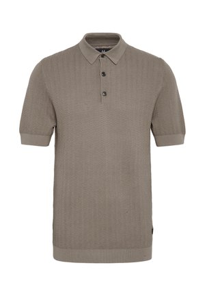 Polo majica kratkih rukava u svijetlosmeđoj boji, s teksturiranim uzorkom u č zigzag, tri gumba na prednjem dijelu, i rebrastim ovratnikom i manžetama.