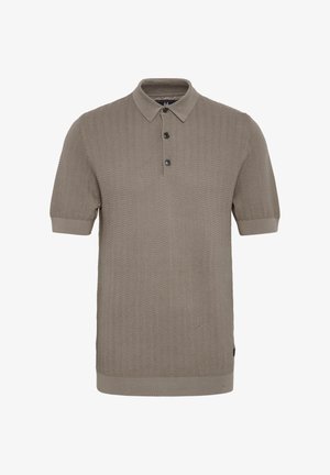 Polo a maniche corte di colore marrone chiaro, caratterizzato da un motivo zigzag testurizzato, una chiusura a tre bottoni e colletto e polsini a costine.