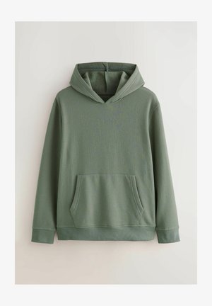 Green hooded sweatshirt with a textured waffle pattern, featuring a front pouch pocket and ribbed cuffs and hem. Soft fabric.