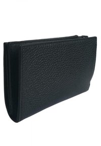 Portafoglio in pelle nera con finitura testurizzata, chiusura a zip e design compatto. Dotato di più scomparti per una migliore organizzazione.